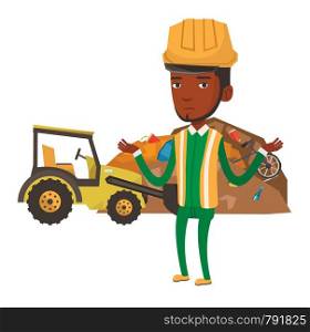 African-american worker of rubbish dump standing with spread arms. Young man standing on the background of rubbish dump and bulldozer. Vector flat design illustration isolated on white background.. Worker and bulldozer at rubbish dump.