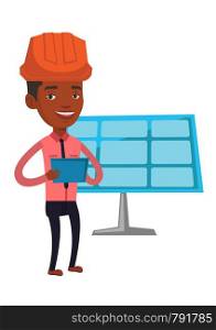 African-american worker of solar power plant. Engineer working on digital tablet at solar power plant. Engineer checking solar panel setup. Vector flat design illustration isolated on white background. Engineer working on digital tablet.
