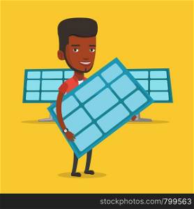 African-american worker of solar power plant holding solar panel in hands. Vector flat design illustration. Square layout. Man holding solar panel vector illustration.