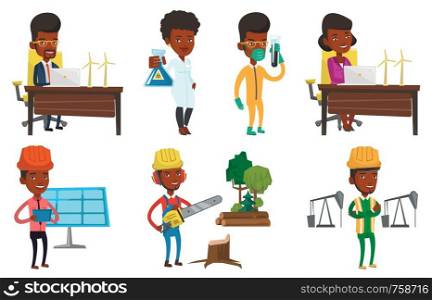 African-american worker of wind farm working on a laptop. Engineer projecting wind turbine. Engineer with model of wind turbine. Set of vector flat design illustrations isolated on white background.. Vector set of characters on ecology issues.