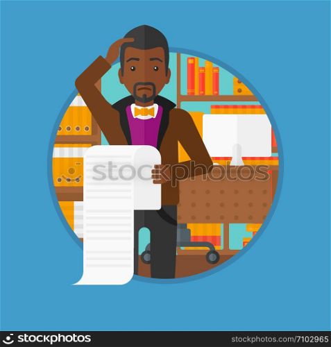African-american worried man holding a long bill in office. A frightened bankrupt clutching his head. Business bankruptcy concept. Vector flat design illustration in the circle isolated on background.. Businessman holding long bill vector illustration.
