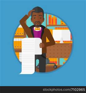 African-american worried man holding a long bill in office. A frightened bankrupt clutching his head. Business bankruptcy concept. Vector flat design illustration in the circle isolated on background.. Businessman holding long bill vector illustration.