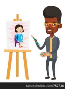 African-american young artist painting a female model on canvas. Creative male artist drawing on an easel. Artist working on painting. Vector flat design illustration isolated on white background.. Creative male artist painting portrait.