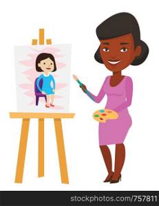 African-american young artist painting a female model on canvas. Creative artist drawing on an easel. Cheerful artist working on painting. Vector flat design illustration isolated on white background.. Creative female artist painting portrait.