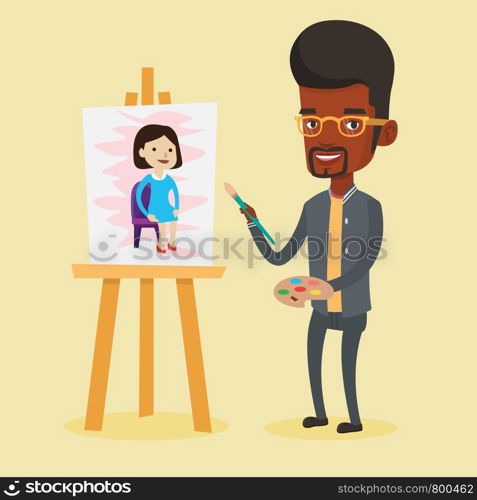 African-american young artist painting a female model on canvas. Creative smiling male artist drawing on an easel. Cheerful artist working on painting. Vector flat design illustration. Square layout.. Creative male artist painting portrait.