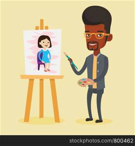 African-american young artist painting a female model on canvas. Creative smiling male artist drawing on an easel. Cheerful artist working on painting. Vector flat design illustration. Square layout.. Creative male artist painting portrait.