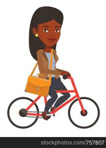 African-american young business woman riding a bicycle. Cyclist riding a bicycle. Business woman on a bicycle. Healthy lifestyle concept. Vector flat design illustration isolated on white background.. Woman riding bicycle vector illustration.