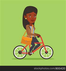 African-american young business woman riding a bicycle. Cyclist riding a bicycle. Business woman with briefcase on a bicycle. Healthy lifestyle concept. Vector flat design illustration. Square layout.. Woman riding bicycle vector illustration.