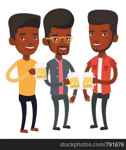 African-american young friends clanging glasses of beer. Beer fans toasting and clinking glasses. Cheerful friends enjoying a beer at pub. Vector flat design illustration isolated on white background.. Group of friends enjoying beer at pub.