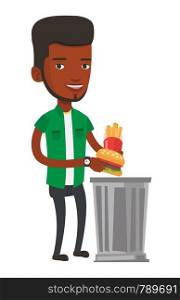 African-american young man putting junk food into a trash bin. Man refusing to eat junk food. Man throwing away junk food. Diet concept. Vector flat design illustration isolated on white background.. Man throwing junk food vector illustration.