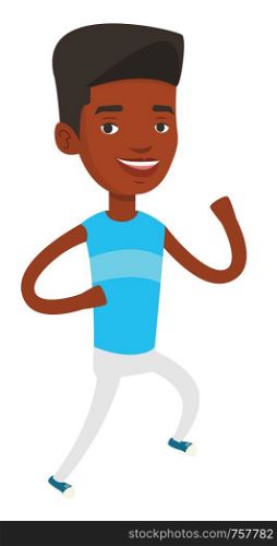 African-american young man running. Happy male runner jogging. Full length of a smiling athlete running. Sportsman in sportswear running. Vector flat design illustration isolated on white background.. Young man running vector illustration.