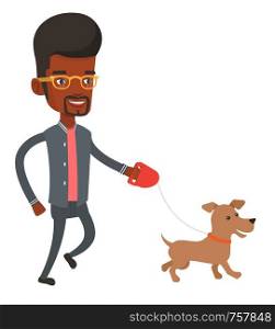 African-american young man with his pet. Happy man taking dog on walk. Man walking with his small dog. Smiling guy walking a dog on leash. Vector flat design illustration isolated on white background.. Young man walking with his dog vector illustration