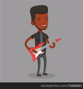 African-american young musician playing electric guitar. Happy man practicing in playing guitar. Guitarist with her eyes closed playing music on guitar. Vector flat design illustration. Square layout.. Man playing electric guitar vector illustration.