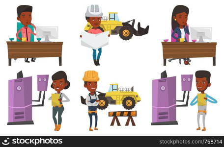 African-american young plumber making some notes in his clipboard. Young plumber at work. Plumber in overalls holding clipboard. Set of vector flat design illustrations isolated on white background.. Vector set of constructors and builders characters