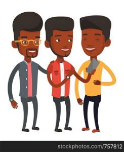 African-american young smiling man showing something to friends on mobile phone. Three happy friends looking at smartphone and laughing. Vector flat design illustration isolated on white background.. Three smiling friends looking at mobile phone.