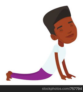 African-american young sportsman practicing yoga upward dog pose. Sportsman meditating in yoga upward dog position. Sporty man doing yoga. Vector flat design illustration isolated on white background.. Man practicing yoga upward dog pose.