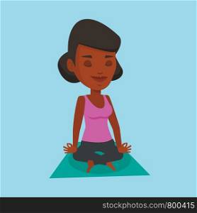 African-american young sportswoman meditating in yoga lotus pose. Sportswoman relaxing in the yoga lotus position. Sporty woman doing yoga on the mat. Vector flat design illustration. Square layout.. Woman meditating in yoga lotus pose.