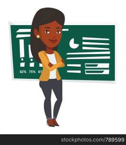 African-american young teacher standing in classroom. Smiling teacher standing in front of chalkboard. Teacher standing with folded arms. Vector flat design illustration isolated on white background.. Teacher or student standing in front of chalkboard