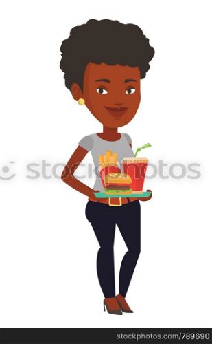African-american young woman having a lunch in a fast food restaurant. Happy woman holding tray with fast food. Woman eating fast food. Vector flat design illustration isolated on white background.. Woman holding tray full of fast food.