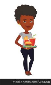 African-american young woman having a lunch in a fast food restaurant. Happy woman holding tray with fast food. Woman eating fast food. Vector flat design illustration isolated on white background.. Woman holding tray full of fast food.