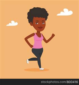 African-american young woman running. Happy female runner jogging. Full length of a smiling female athlete running. Sportswoman in sportswear running. Vector flat design illustration. Square layout.. Young woman running vector illustration.