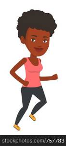 African-american young woman running. Happy runner jogging. Full length of a smiling athlete running. Sportswoman in sportswear running. Vector flat design illustration isolated on white background.. Young woman running vector illustration.