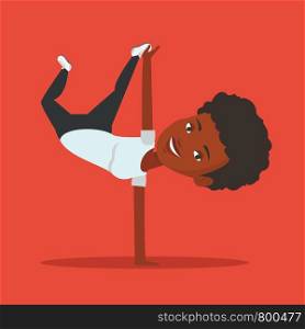 African-american young woman showing her skills in break dance. Happy break dance dancer doing handstand. Young woman dancing. Strong woman breakdancing. Vector flat design illustration. Square layout. Young woman breakdancing vector illustration.