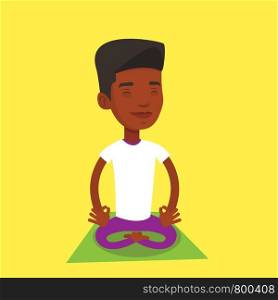 African-american young young sportsman meditating in yoga lotus pose. Sportsman relaxing in the yoga lotus position. Sporty man doing yoga on the mat. Vector flat design illustration. Square layout.. Man meditating in lotus pose vector illustration.