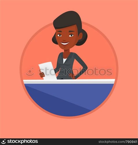 African anchorwoman at studio during live broadcasting. Television anchorwoman working at studio. Anchorwoman reporting tv news. Vector flat design illustration in the circle isolated on background.. Television anchorwoman at studio.