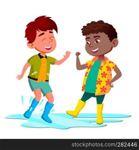 African And Asian Kids In Boots Jump In Puddle After The Rain Vector. Illustration. African And Asian Kids In Boots Jump In Puddle After The Rain Vector. Isolated Illustration