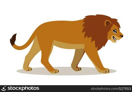 African animal, cute funny lion icon isolated on white background, big wild cat with fluffy mane, vector illustration in flat style. African animal, cute funny lion icon isolated on white background, big wild cat with fluffy mane, vector