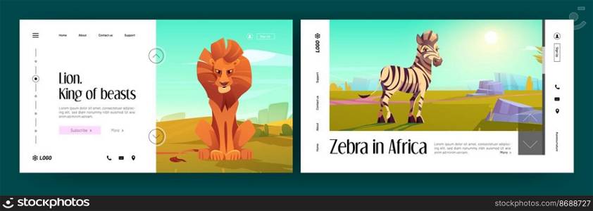 African animals banners with zebra and lion in savannah. Vector landing pages of safari park with cartoon illustration of wild animals and savanna landscape in Africa. Banners with zebra and lion in savannah