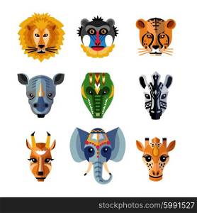 African Animals Heads Masks Flat Icons . Traditional african facial masks shaped as wild jungle animals heads flat icons collection abstract isolated vector illustration