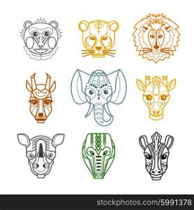 African Animals Heads Masks Line Icons. African tribal craft facial masks pictograms collection with lion crocodile wild animals heads color line isolated vector illustration