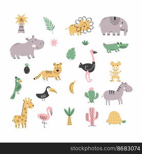 African animals. Set of doodle elements. Stickers for nursery. Inhabitants savannah.