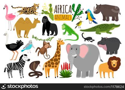 African animals. Various wildlife animals of Africa, vector monkey or marmoset and leopard, parrot and rhinoceros, cobra and ostrich characters isolated on white. African animals. Various wildlife animals of Africa, vector monkey or marmoset and leopard, parrot and rhinoceros