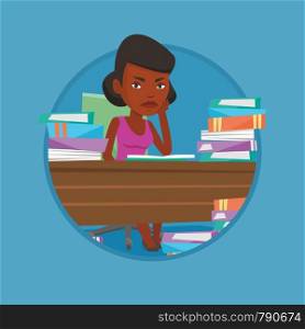 African annoyed student studying hard before the exam. Student studying with textbooks. Bored student studying in the library. Vector flat design illustration in the circle isolated on background.. Student sitting at the table with piles of books.
