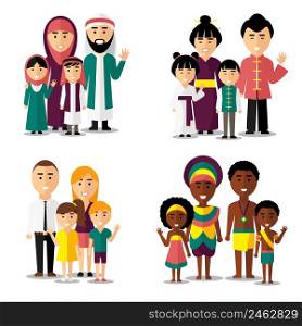 African, asian, arab and european families. Family asian, family african, family european, family asian. Vector illustration characters icons set. African, asian, arab and european families. Vector characters icons set