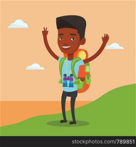 African backpacker with backpack and binoculars standing on the cliff and celebrating success. Happy backpacker with raised hands enjoying the scenery. Vector flat design illustration. Square layout.. Backpacker with hands up enjoying the scenery.