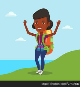 African backpacker with backpack and binoculars standing on the cliff and celebrating success. Happy backpacker with raised hands enjoying the scenery. Vector flat design illustration. Square layout.. Backpacker with her hands up enjoying the scenery.