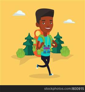 African backpacker with backpack and binoculars walking outdoor. Backpacker hiking in the forest during summer trip. Backpacker traveling in nature. Vector flat design illustration. Square layout.. Man with backpack hiking vector illustration.