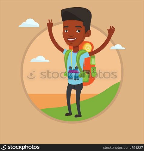 African backpacker with raised hands enjoying the scenery. Tourist with backpack standing on the cliff and celebrating success. Vector flat design illustration in the circle isolated on background.. Backpacker with his hands up enjoying the scenery.