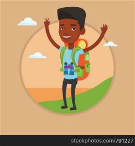 African backpacker with raised hands enjoying the scenery. Tourist with backpack standing on the cliff and celebrating success. Vector flat design illustration in the circle isolated on background.. Backpacker with his hands up enjoying the scenery.