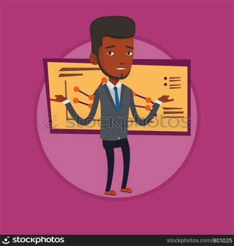 African bankrupt with spread arms. Stressed bankrupt standing on the background of decreasing chart. Business bankruptcy concept. Vector flat design illustration in the circle isolated on background. Bancrupt business man vector illustration.
