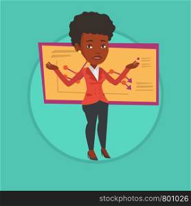 African bankrupt with spread arms. Stressed bankrupt standing on the background of decreasing chart. Business bankruptcy concept. Vector flat design illustration in the circle isolated on background. Bankrupt business woman vector illustration.