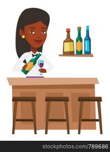African bartender with bottle of wine and a glass standing at the bar counter. Bartender at work. Bartender pouring wine in a glass. Vector flat design illustration isolated on white background.. Bartender standing at the bar counter.