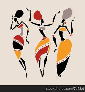 African Beautiful Women. African American dancers. Dancing woman in traditional ethnic style. Vector Illustration.