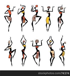 African Beautiful Women. African American dancers. Dancing woman in traditional ethnic style. Vector Illustration.