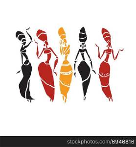 African Beautiful Women. Silhouette of woman. Afro-american woman isolated on white. Dancing woman in traditional ethnic style. Vector Illustration.