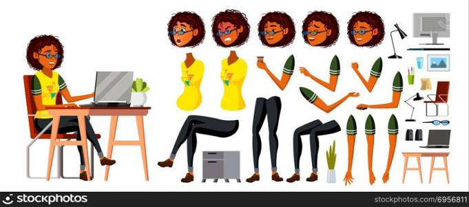 African Black Business Woman Character Vector. Working American Female Girl. Business African Black Character Working At Office Desk. Animation Set. Lady. Cartoon Illustration. African Black Business Woman Character Vector. Working American Female Girl. Business African Black Character Working At Office Desk. Animation Set. Illustration